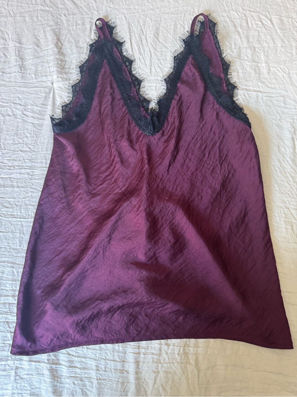 Whimsigoth Plum Satin Slip Tank Top Black Lace Eyelash Trim Size M